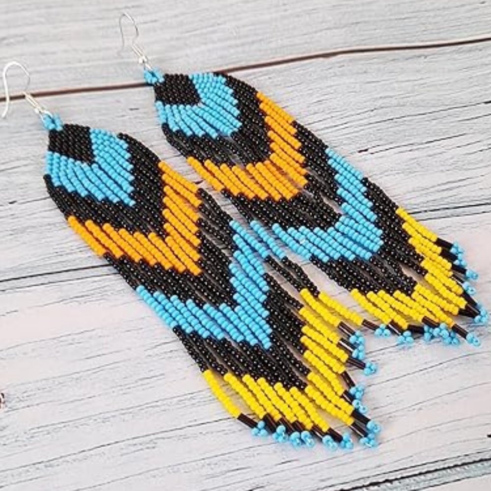 Long 6" Turquoise Blue Black Beaded Fringe Dangle Earrings Bohemian Style New
